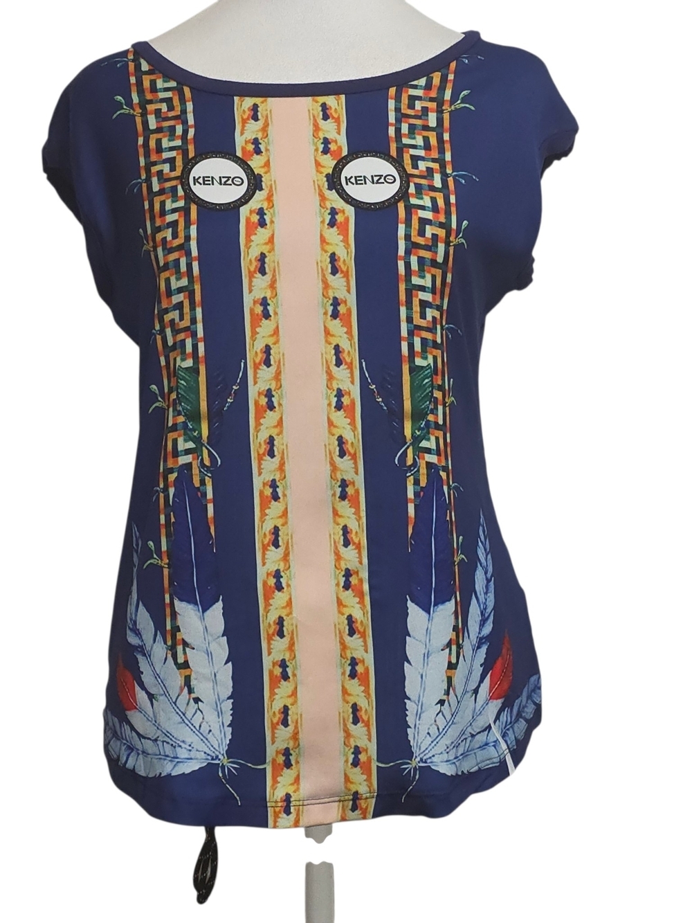 Kenzo Paris Blue Feather Print Graphic Cap Sleeve Designer Top Women's M